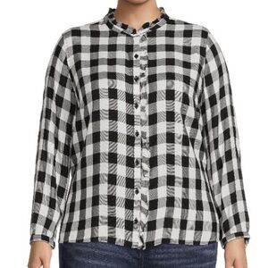 🔥5for$25🔥 Terra & Sky Plus Size Black & White Plaid Ruffled Button Up Shirt
